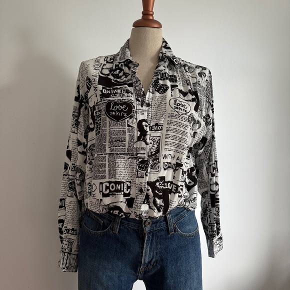Streetwear Society Tops - Streetwear Society - Black and White Newspaper Print Button Down Shirt